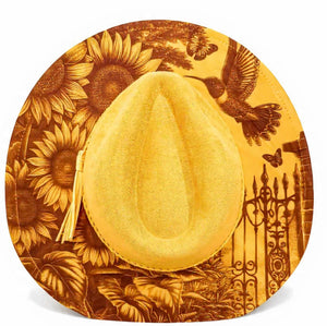 Elegant Wide Brim Hat with Engraved Hummingbird & Sunflower