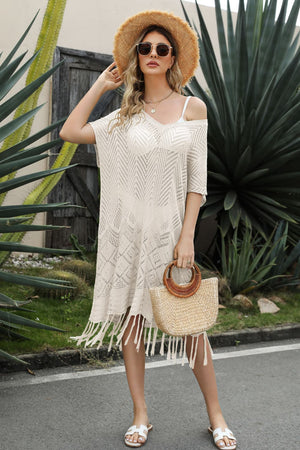 V-Neck Short Sleeve Fringe Hem Knit Beach Cover Uo Dress