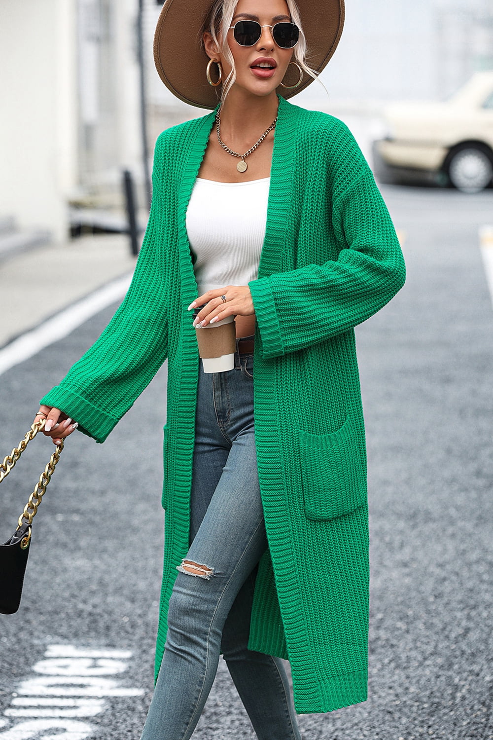 Dropped Shoulder Long Sleeve Cardigan with Pockets