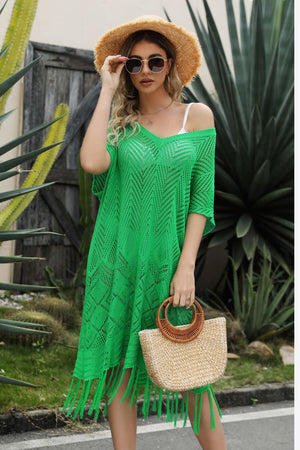 V-Neck Short Sleeve Fringe Hem Knit Beach Cover Uo Dress