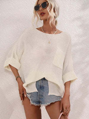 Boat Neck Cuffed Sleeve Slit Tunic Knit Top